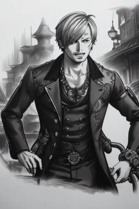 An evocative greyscale pencil drawing capturing the dashing Vinsmoke Sanji from the anime series One Piece, portrayed in a detai...