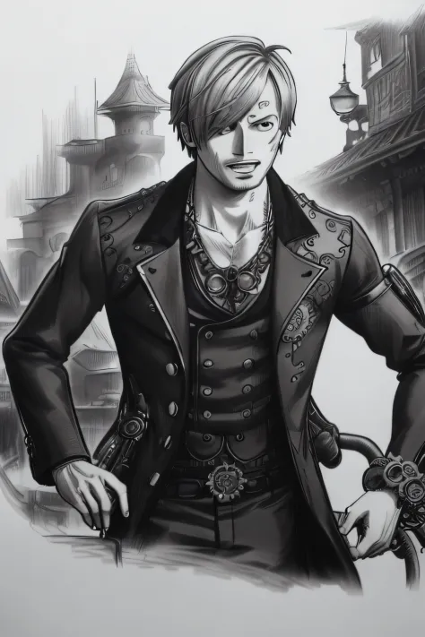 an evocative greyscale pencil drawing capturing the dashing vinsmoke sanji from the anime series one piece, portrayed in a detai...