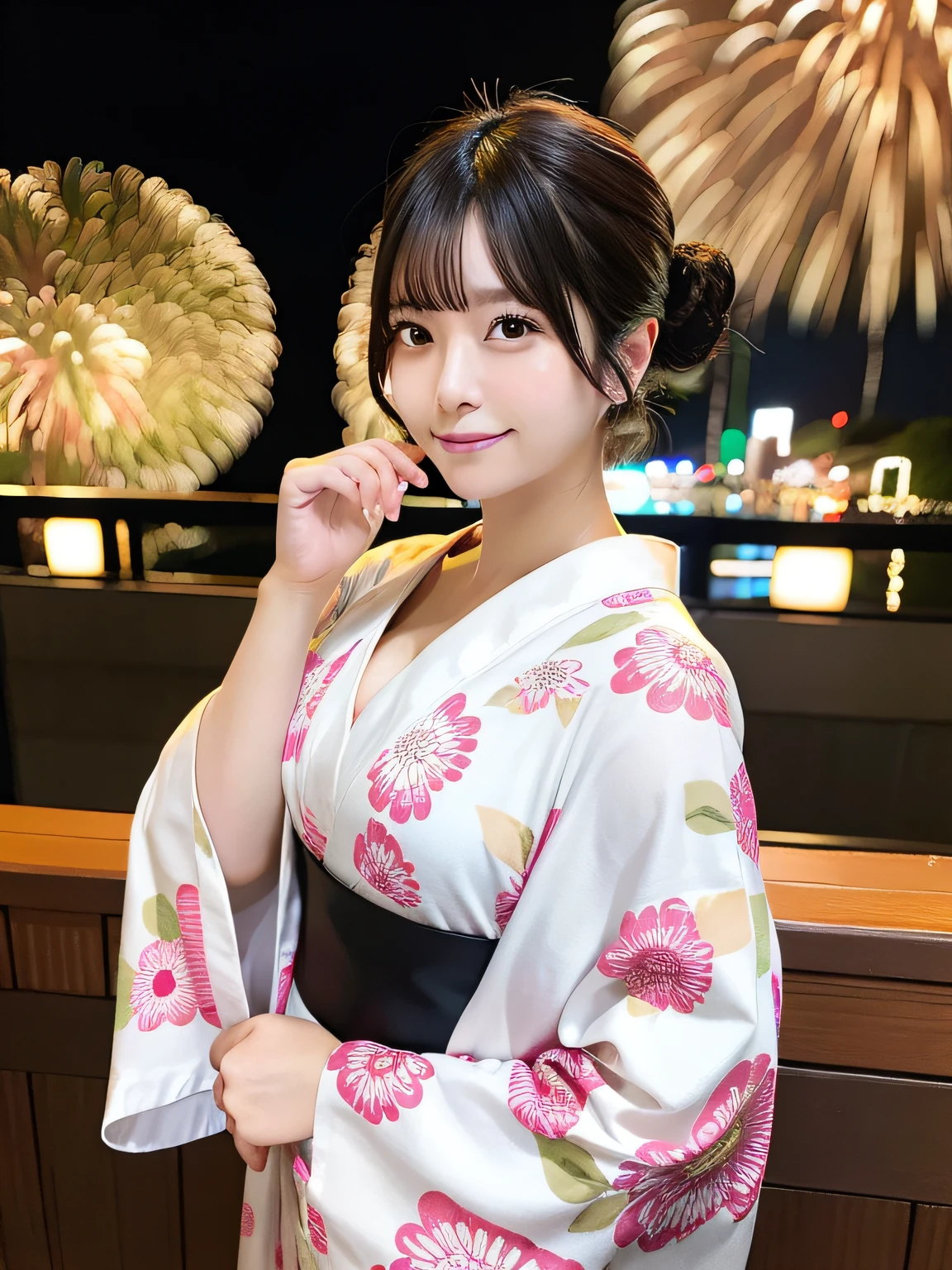 Attractive Japanese Woman Pictures,Looking at Viewer,Watch the viewer with gentle euphoria,short wavy hair,Showing cleavage,de pele branca,Patterned yukata,Fireworks Festival Venue,Photorealistic,8K,Raw photo,