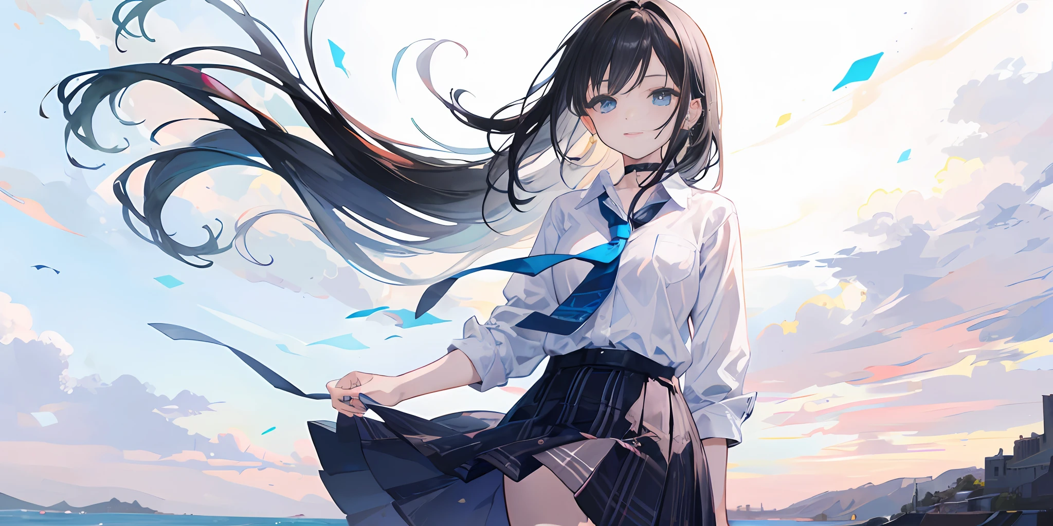 Anime girl with long hair standing on a beach with a blue tie - SeaArt AI