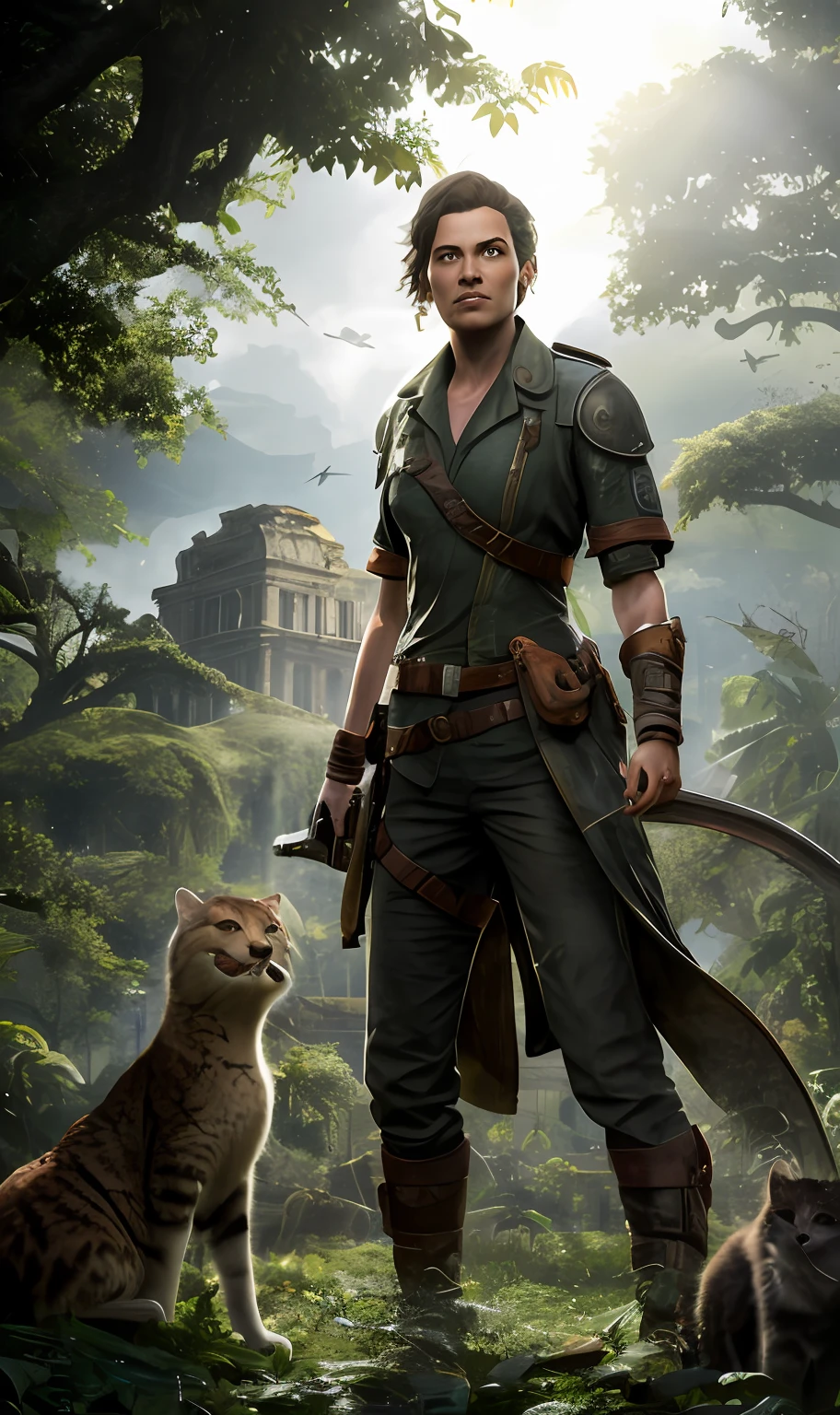 tmasterpiece，Best quality，A high resolution，Ellie Williams in a post-apocalyptic environment，Stand in the middle of a large field surrounded by overgrown greenery，a beautiful  woman，Riding a wild prehistoric cat，looking at viewert，Holding a weapon，A determined expression appeared on his face，(full bodyesbian), (the face:1.5), An ancient city is shown in the background，Covered with dense foliage and forest，Huge pterosaurs flew through the air，You can see the remains of the building through the greenery、rays of sunshine、sun rays peeking through the trees，Unique fusion of nature，Reclaim the ruins of the former city and the city that once stood，concept-art，Naughty Dog Studio，Highly detailed face，Popular on artstation，Popular on CGsociety，复杂，high detal，highly  detailed，Sharp focus，dramatics，realisticlying，realisticlying，sci-fy，fanciful，rendering by octane，ROW photo，depth of fields，rays of sunshine，