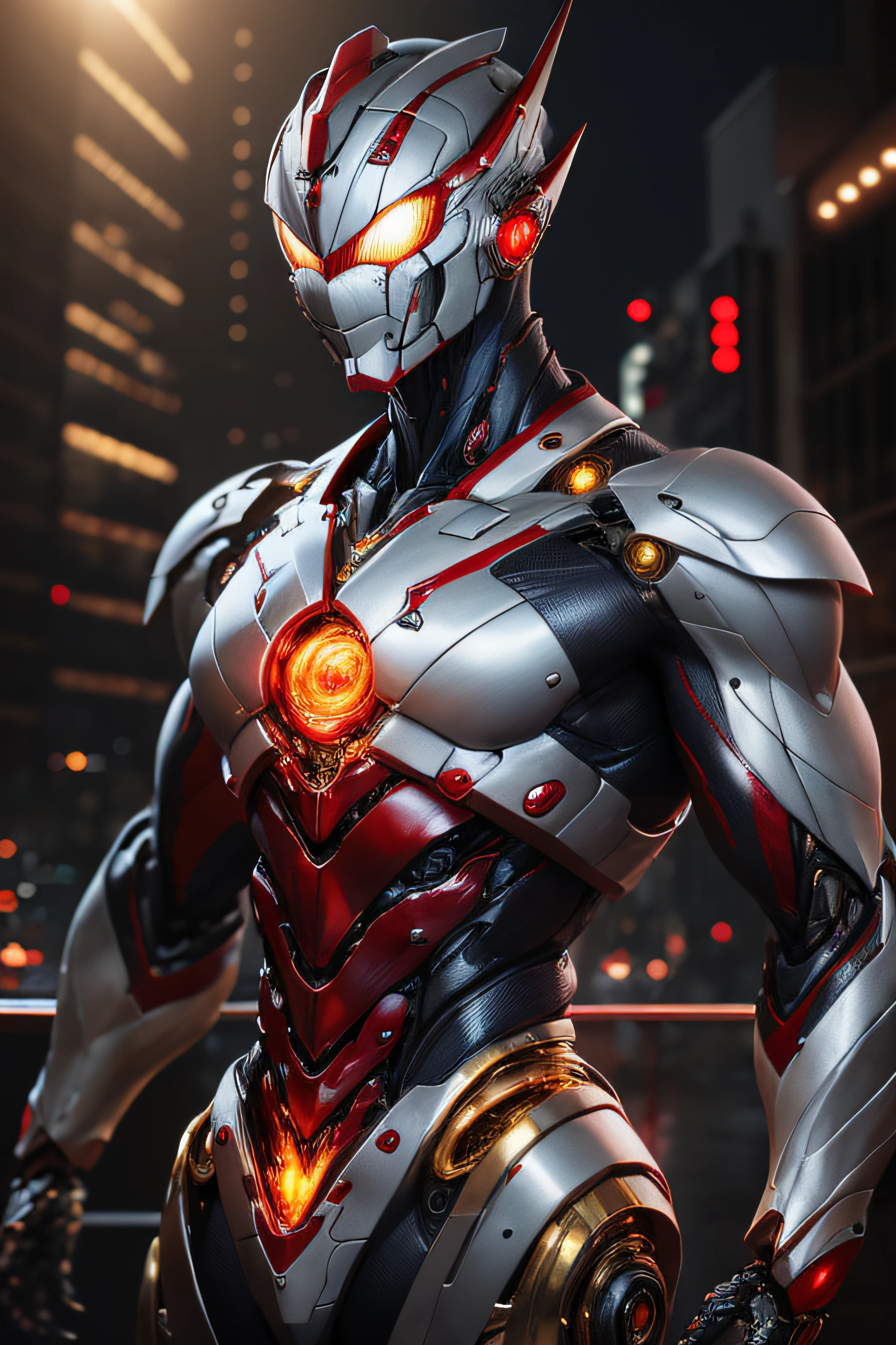 masterpiece, best quality, highres,realistic,upper body,
1boy,Ultraman,MechUltraman, golden, silver, red, (translucent:1.4),(intumescent:1.2),(stance:1.1),biomechanical,
mini city,metallic reflection, dramatic lighting,3d, super detailed, Octane render,