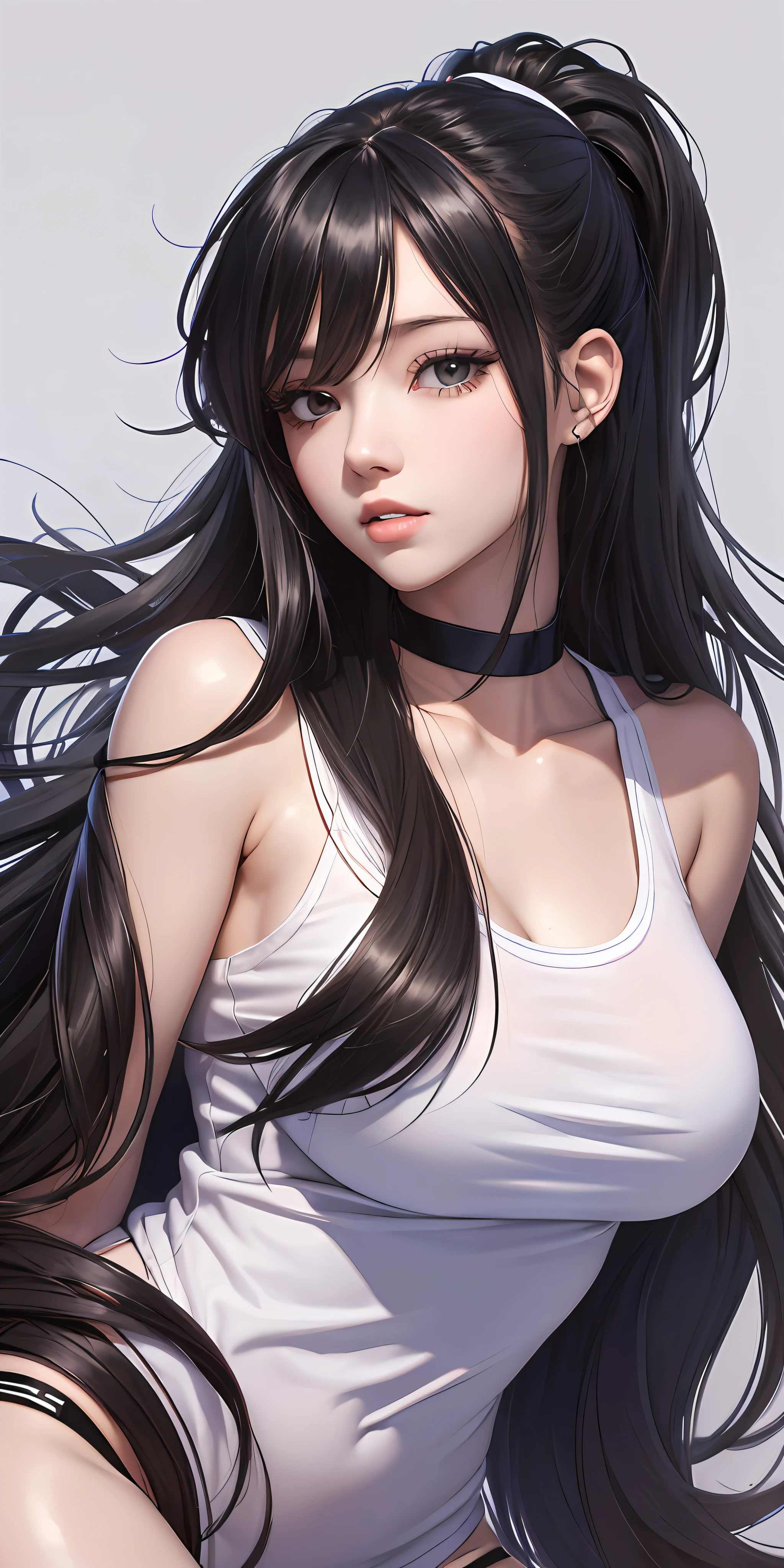 a drawing of a woman with long black hair and a white shirt, side boob, heavy gesture style closeup, flat anime style shading, full body illustration, extra detail, clean detailed anime style, wearing a white tanktop, wearing tanktop, thick border lines --auto --s2