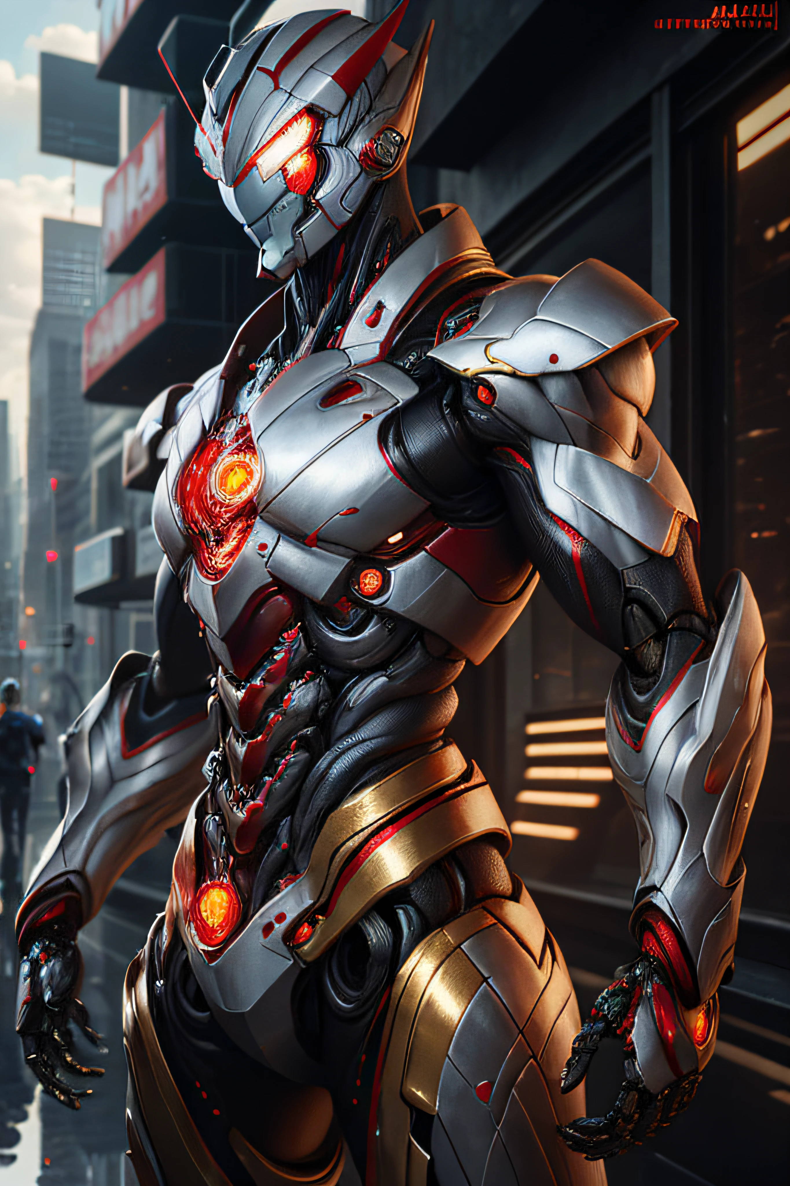 masterpiece, best quality, highres,realistic,upper body,
1boy,Ultraman,MechUltraman, golden, silver, red, (translucent:1.4),(intumescent:1.2),(stance:1.1),biomechanical,
mini city,metallic reflection, dramatic lighting,3d, super detailed, Octane render,