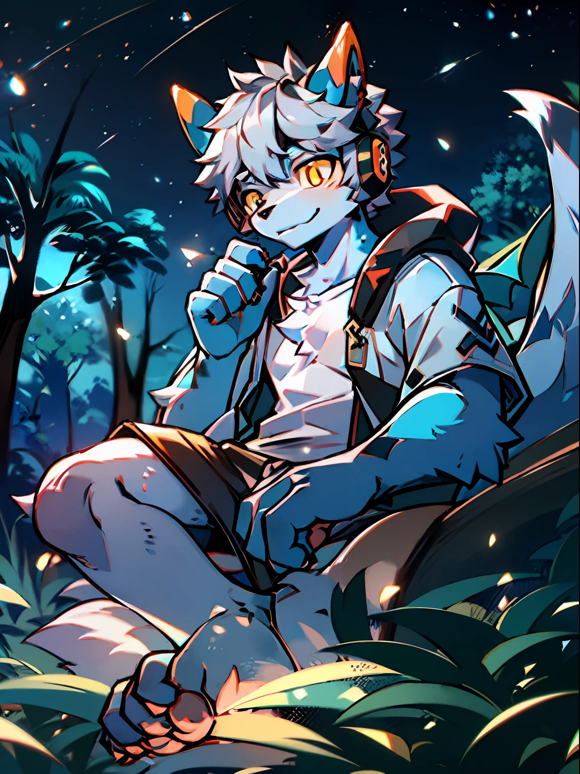 lewd eyes, in a panoramic view，Character focus，Full body like，独奏,solo person， Correct human anatomy。male people，Furry male wolf（Dragon and wolf combined），Yellow eyes，Blue skin，A pair of dragon wings, Gray hair(The long），Wear white ear headphones，couple（Little big breasts柄）Blue horn fluorescence，In the forest，the night，starrysky，Sit sideways on the treetops，Take control of the magic，Ice floating all around，grey shorts，Sports socks（Bare toes），head looking up，Looking at the night sky，DOA，Young style，height of one meter seven，Handsome， There is a wolf tail，k hd，8K，1440*2048