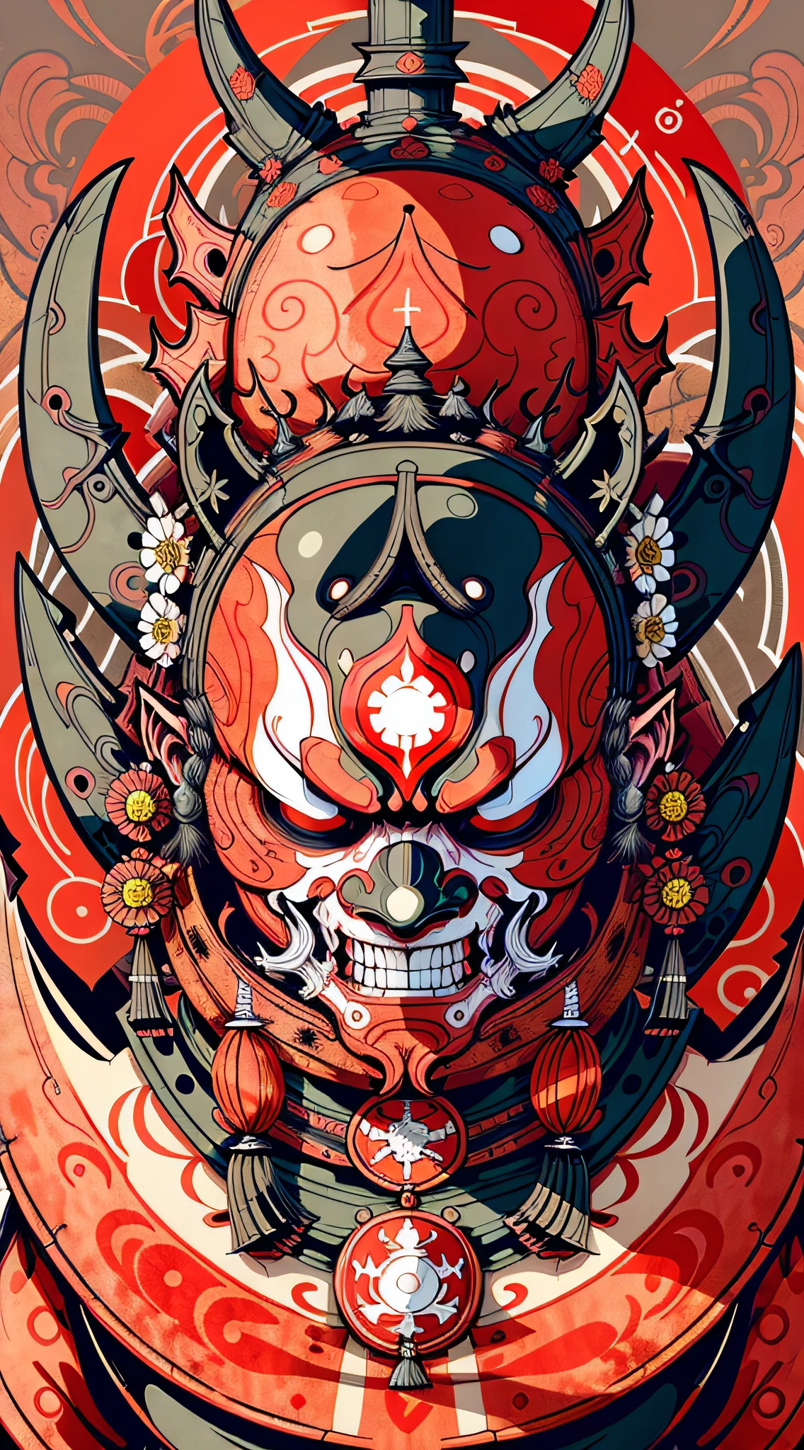 Máscara de retrato, ilustrador, Ilustración vectorial, Obra maestra, alta calidad, 8k, alta resolución, alto detalle, japonés, onmyoji, (panru: 1.2), horror, demonio, de cerca, frente a la audiencia, japonés pattern background