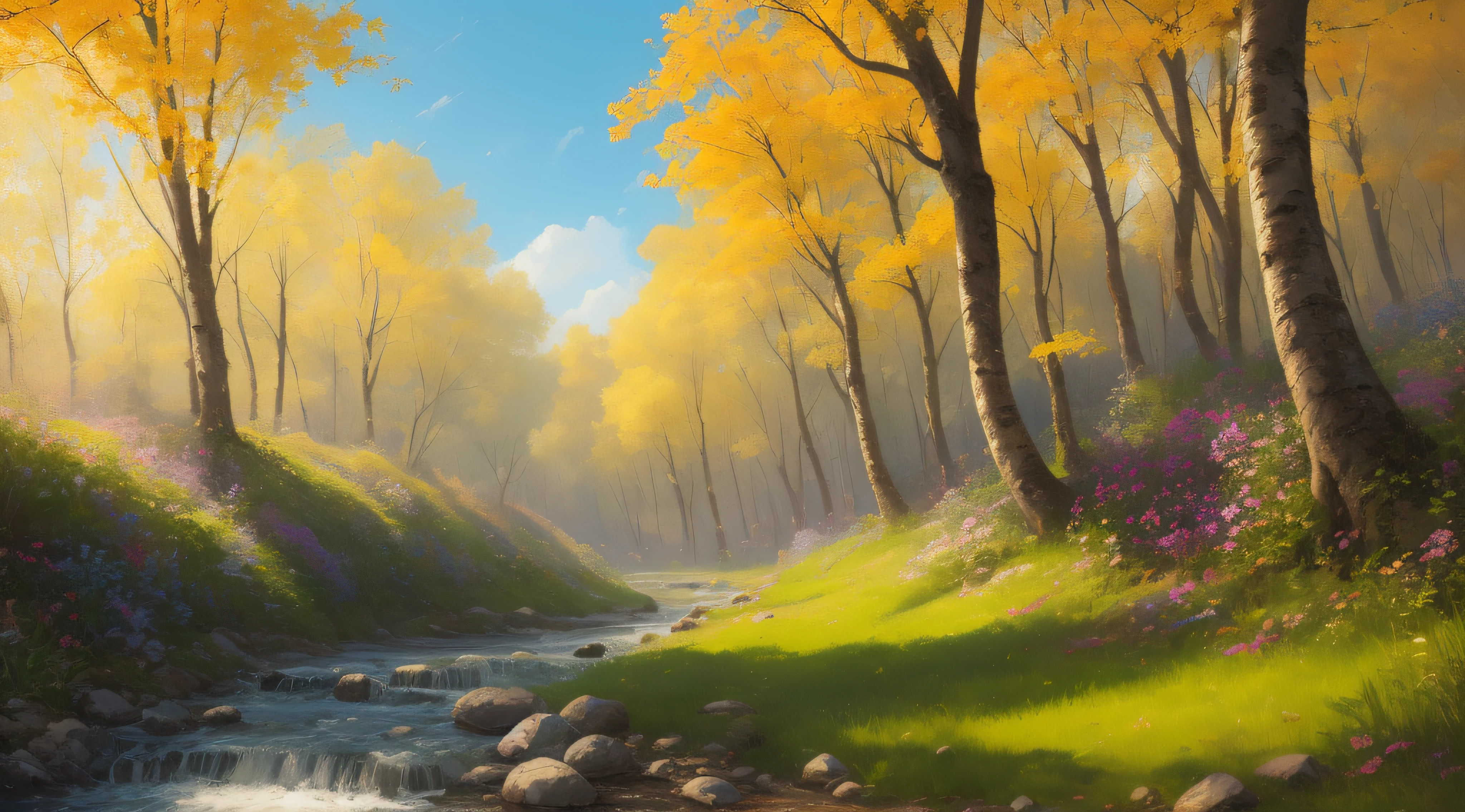 blue sky, stream, sunshine, summer meadow, trees, forest, oil on canvas, bright, sunny, colorful, summer day, ethereal, wall paper, hyper detailed, 32k resolution, ultra quality, maximalist, narrow depth of field, golden hour, concept art, detailed matte painting, trending on artstation, CryEngine, Unreal Engine