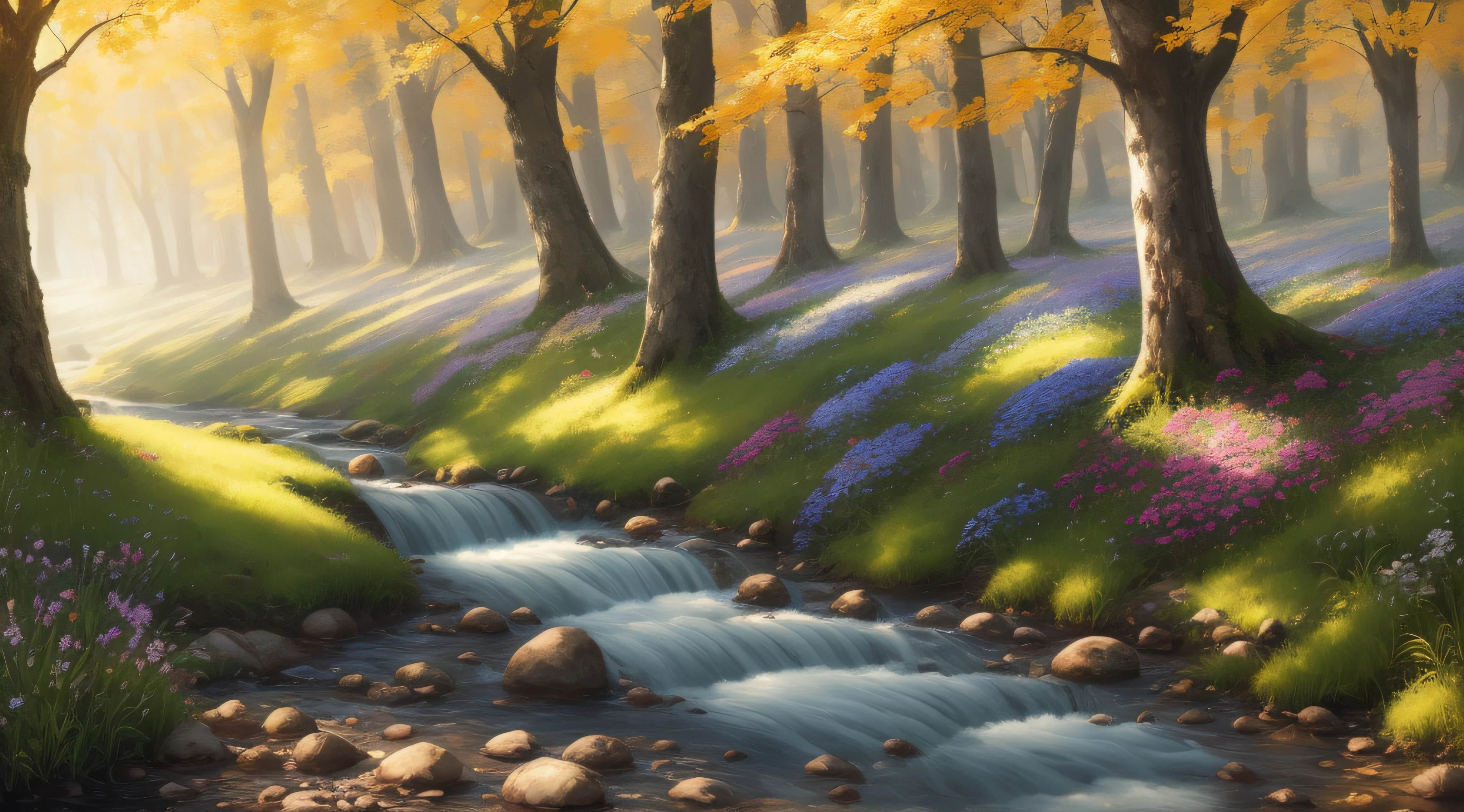 blue sky, stream, sunshine, summer meadow, trees, forest, oil on canvas, bright, sunny, colorful, summer day, ethereal, wall paper, hyper detailed, 32k resolution, ultra quality, maximalist, narrow depth of field, golden hour, concept art, detailed matte painting, trending on artstation, CryEngine, Unreal Engine