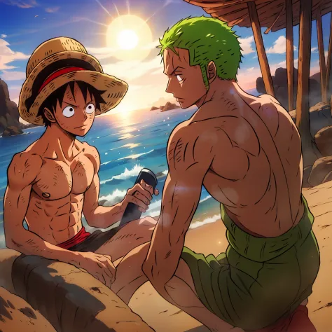 Luffy e zoro tomando uma bebida ao por do sol, one piece