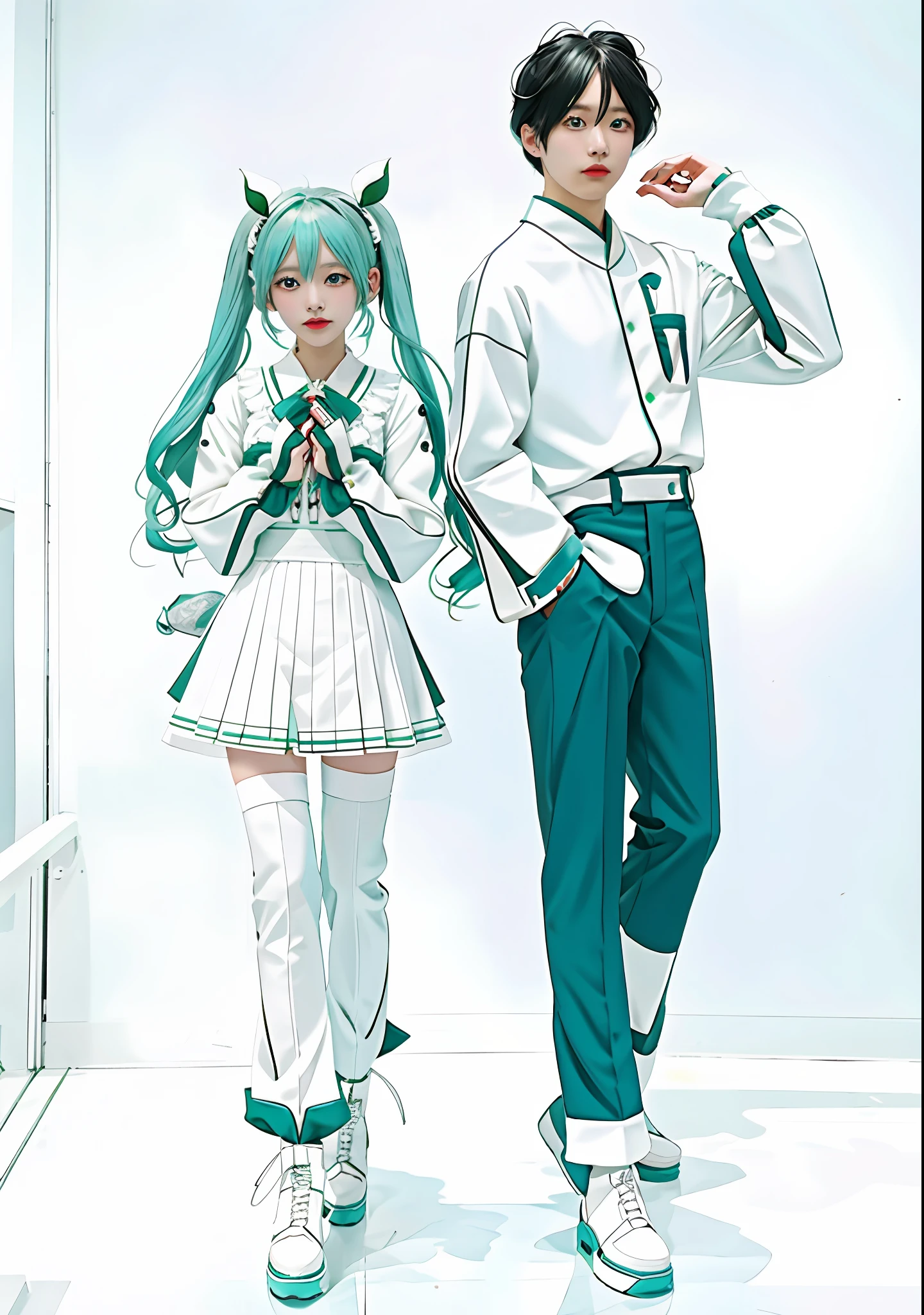 Anime - style couple dressed in white and green outfits posing for a  picture - SeaArt AI