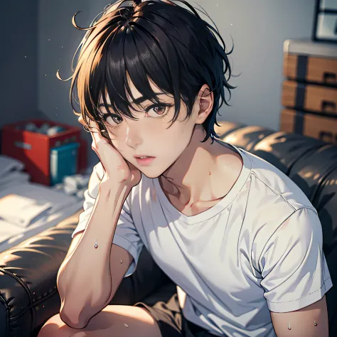 Sitting on the couch、Turning the dough、Show off your body、One guy、A young man、Detailed eyes、mesmerizing eyes、face perfect、red blush、full of sweat、short dark hair、red eyes、Messy room、illuminating、、hightquality、20 year old man in high resolution