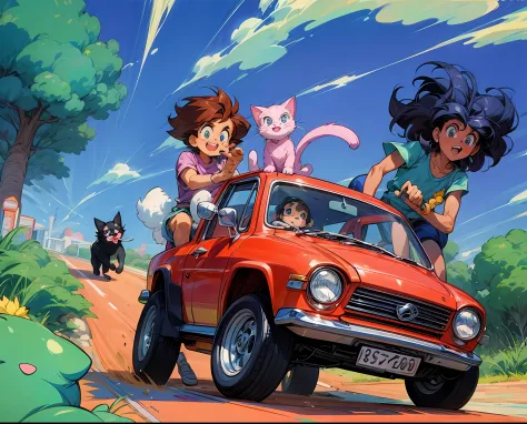 cartoon characters riding in a car with a cat and dog, official art, promotional art, hq artwork, official fanart, steven univer...