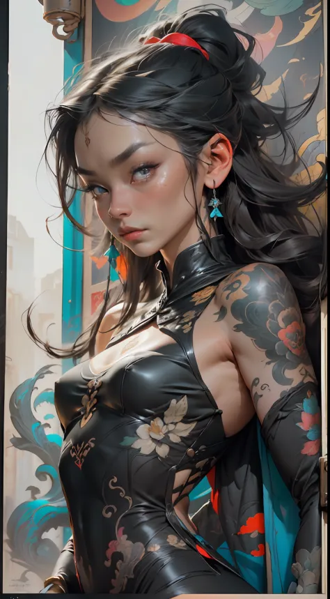 wuxia, arte vetorial, mulher 1ebony com tatuagens, cabelo preto, roupas brancas, estampa de dragao, tatuagem de gragao, super co...