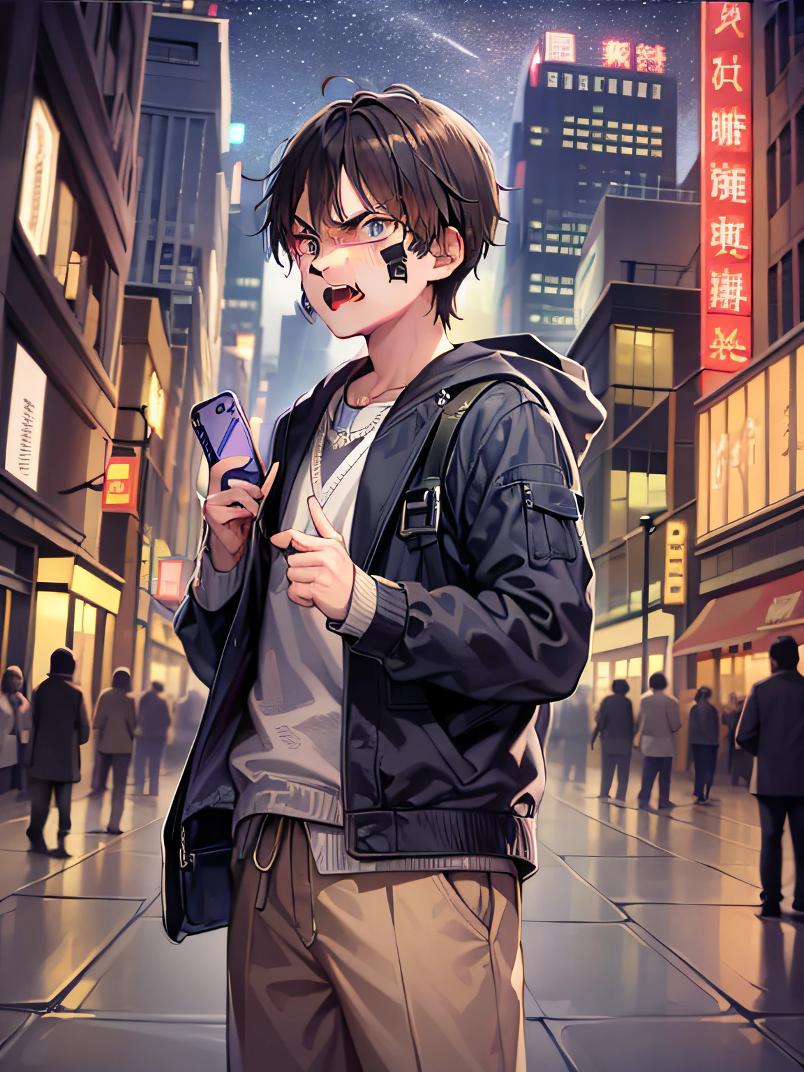 1boy ，He is dressed appropriately。His mocking expression was palpable。An angry expression appeared on his face，The expression is full of malice and disgust。（He pointed angrily ahead），Angrily pointing at the phone，Very angry，Night in the big city，Look at the phone