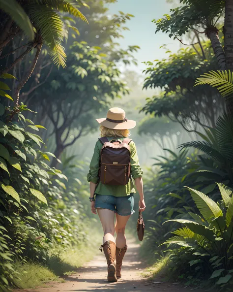 A woman walking deep in the jungle.
The woman has blonde short messy hair and wears green clothes. adventurer look, green collar...
