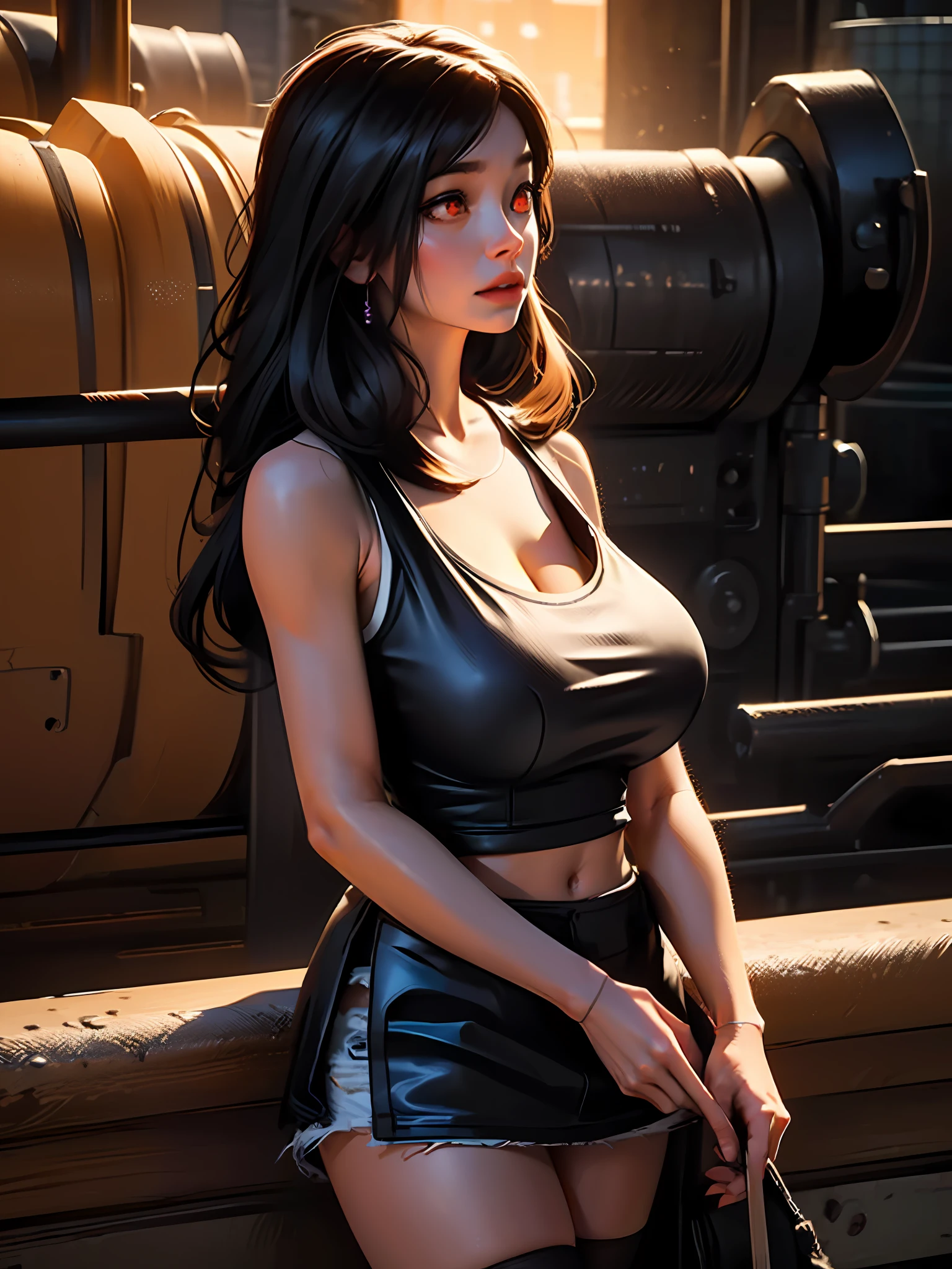 official art, unity 8k wallpaper, ultra detailed, beautiful and aesthetic, masterpiece, best quality, extremely detailed, dynamic angle, cowboy shot, elegant, vivid colours, atmospheric. Tifa lockhart, long black hair, red eyes, hair bangs, (white tank top:1.5), white top, (black miniskirt:1.4), suspenders, stockings, (huge breasts:1.5), cleavage, (red eyes:1.5)one girl, 1 girl, thin waist, wide hips, exposed abdomen, toned abs, toned arms, close up, see through clothes, semi transparant clothes, outside an industrial factory at night, a green atmospheric glow