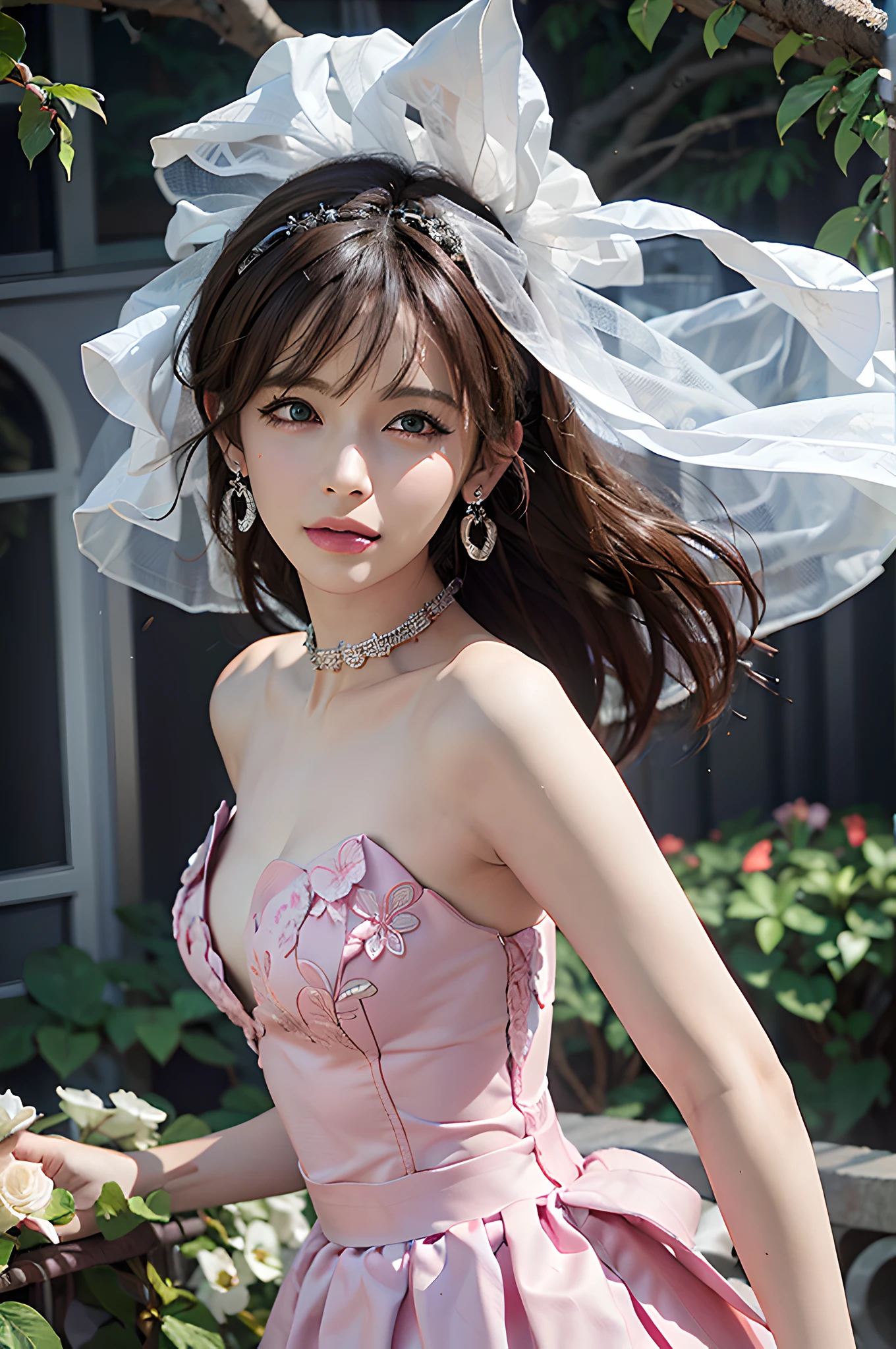 best qualtiy，tmasterpiece，超高分辨率，（realisticlying：1.4），RAW photogr，beautiful photograph (N4T3 mm:0.99), A 20-year-old woman, stand posture，Brown hair long, 耳Nipple Ring，choker necklace，Issuing，White dress long dress，white wedding gown，Solid color panties，Bare legged，long leges，high-heels，In the daytime, flower  field， (Masterpiece:1.2) (Photorealistic:1.2) (Bokeh) (Best quality) (Detailed skin:1.2) (Intricate details) (In the daytime) (8K) (hdr) (Cinematic lighting) (Sharp focus), (Looking at the camera:1.1), ((closeup portrait:1.2)), (Earrings)