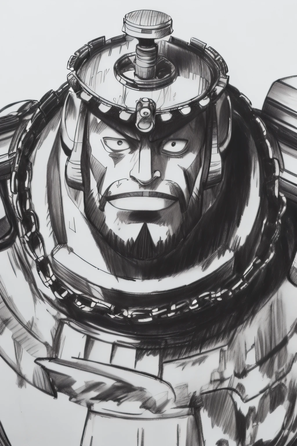 A mesmerizing greyscale pencil drawing capturing the charismatic Franky from the anime One Piece, depicted in a detailed portrait with a sketch extending to his torso. Franky is portrayed wearing an intricate steampunk-inspired attire, adorned with gears, chains, and mechanical embellishments that showcase his mechanical prowess. The sketch showcases the fine details of his steampunk dress and the meticulous shading that brings depth to his form. The drawing is rendered in 4K HDR, allowing for stunning visual clarity and contrast. Franky's vibrant personality and strong presence are conveyed through the expressive and detailed pencil strokes. The background is kept minimal, drawing attention to Franky and the captivating steampunk aesthetics of his attire. Style: Detailed pencil drawing with a focus on precise linework, shading, and texture, capturing the essence of Franky's steampunk dress and personality. Execution: Created using high-quality pencils on fine-grained paper, employing various shading techniques to achieve a lifelike portrayal with rich details and textures, while ensuring Franky's charismatic personality shines through the artwork, CogPunkAI , ((wanostyle))