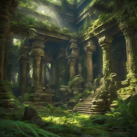 A group of explorers stands in awe amidst the dense foliage of an ancient jungle. In front of them lie the overgrown ruins of a long-lost civilization. Moss-covered stone temples, towering pyramids, and crumbling statues of forgotten deities reveal the sec...