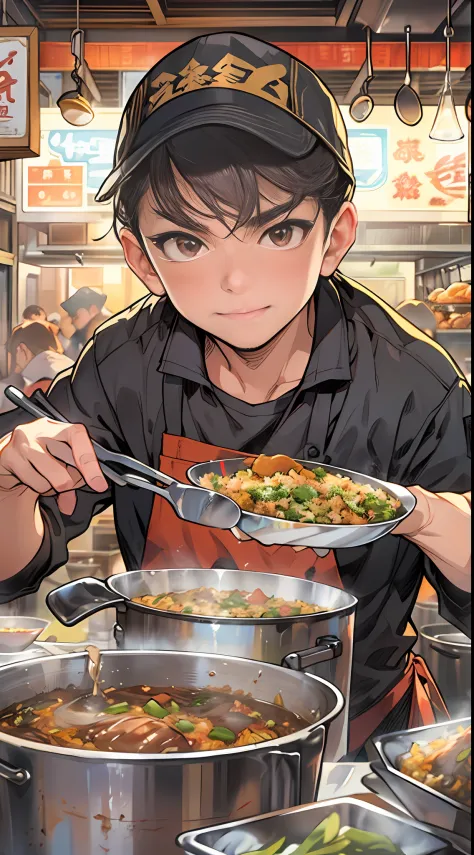 The animation shows a chef holding an iron pot，Footage of fried rice，The background is a food street, in the style of the stars art group xing xing, realistic yet romantic, Youth protagonist, Realistic hyper-detail, chinapunk, manticore, Comic Core