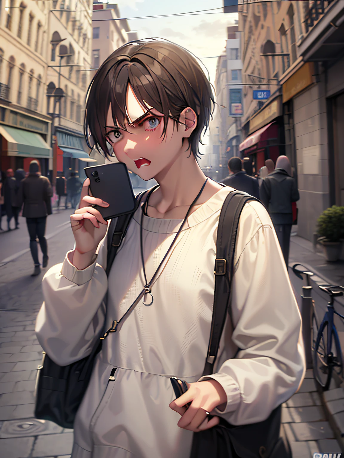 a pregirl，Ordinary looking，Mobile phone in hand，He was looking angrily at the phone screen，Something is still scolding in the mouth，On the streets of the city