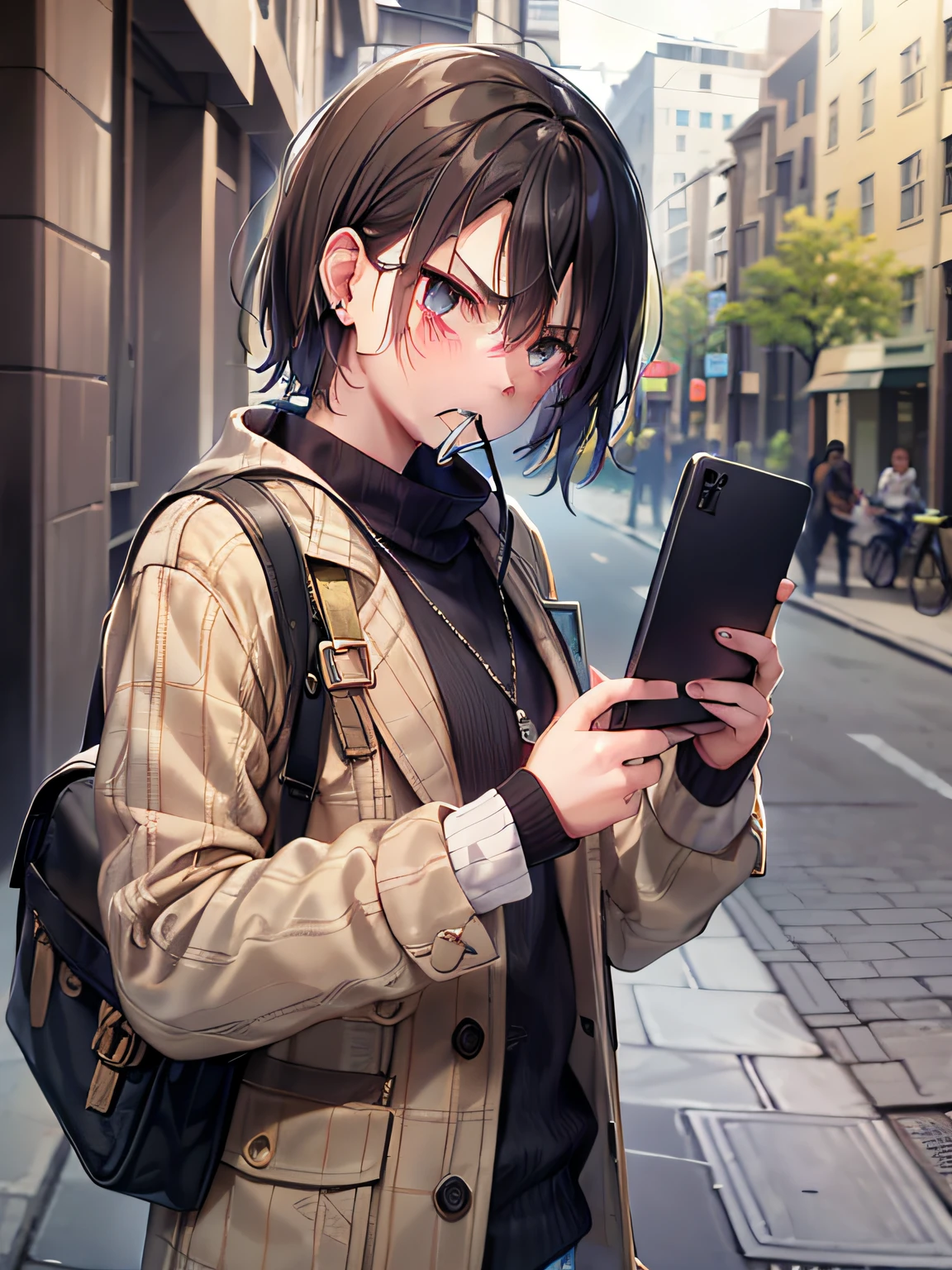 a pregirl，Ordinary looking，Mobile phone in hand，He was looking angrily at the phone screen，Something is still scolding in the mouth，On the streets of the city