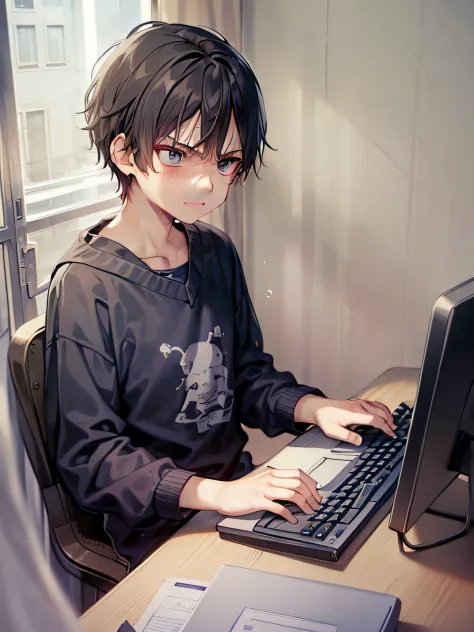 1boy ，The expression was very angry，The expression is hateful，He is dressed appropriately。He had a computer in front of him，His ...