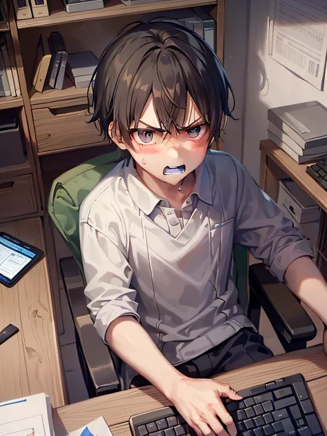 1boy ，the expression was very angry，the expression is hateful，he is dressed appropriately。he had a computer in front of him，his ...