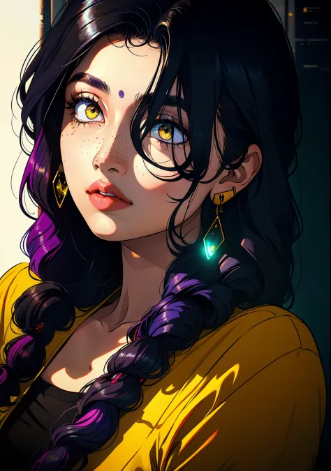 1girl, anupama,solo,colorful,yellow eyes,cyberpunk,city,peace sign,earrings,purple hair,eye patche,freckles,prothesis,mechanic,n...