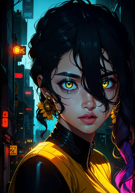 1girl, anupama,solo,colorful,yellow eyes,cyberpunk,city,peace sign,earrings,purple hair,eye patche,freckles,prothesis,mechanic,n...