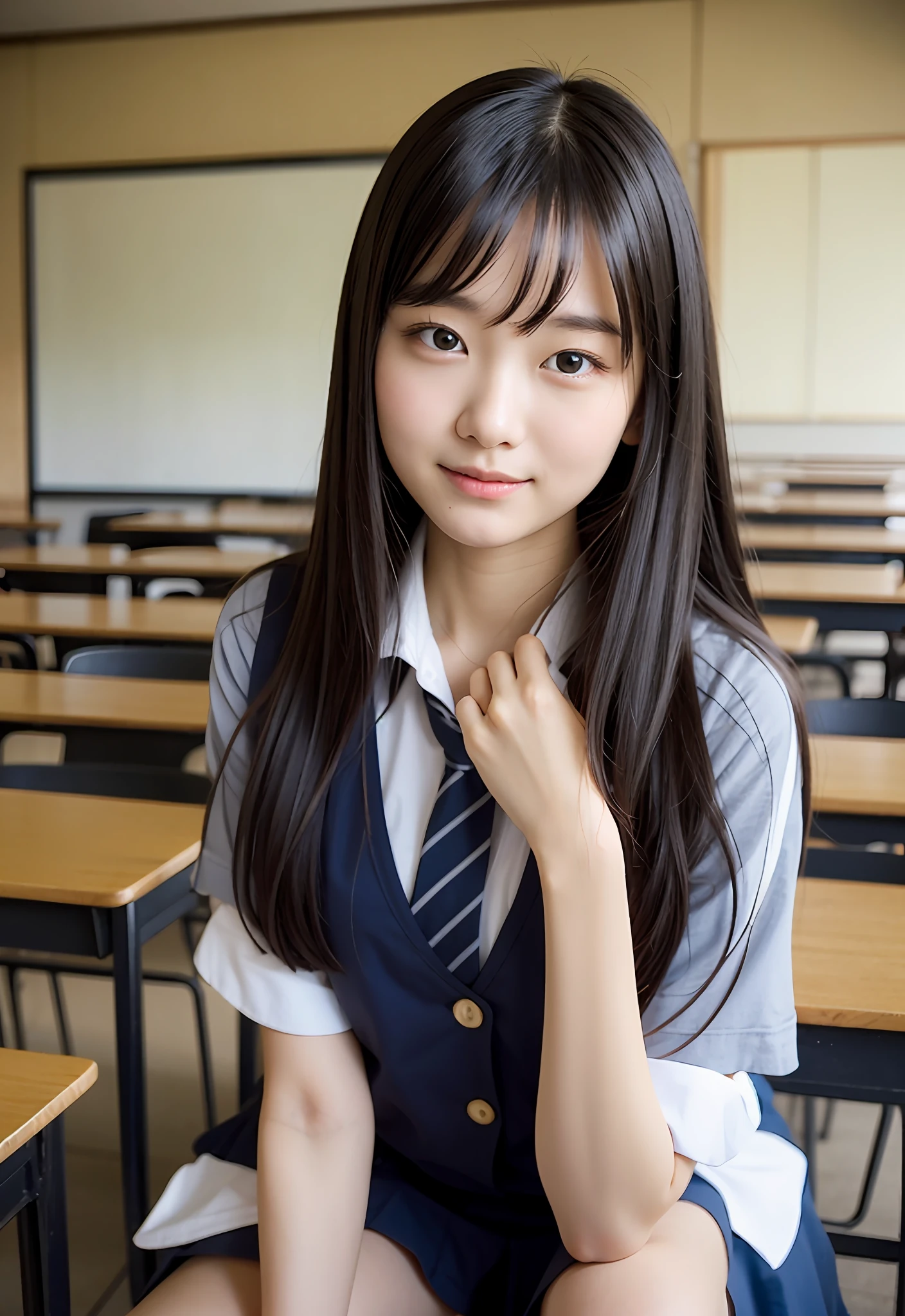 Japan sitzt im Klassenzimmer、Sie zwinkerte langsam mit ihrem rechten Auge、Macht die Kommunikation mit den Schülern in Ihrer Umgebung angenehmer、Ruhige Szene im Klassenzimmer、Faszinierender Ausdruck einer besonderen Verbindung mit anderen Studierenden