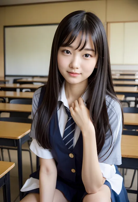 Japan schoolgirl sitting in classroom、She winked slowly with her right eye、Makes communication with students around you more enj...