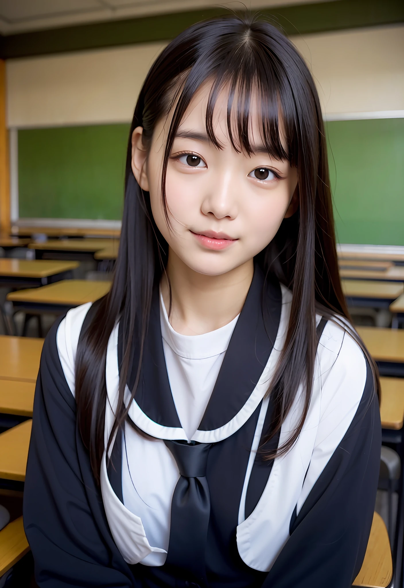 Japan schoolgirl sitting in classroom、She winked slowly with her right eye、Makes communication with students around you enjoyable、Quiet scene in the classroom、Fascinating expression of a special connection with other students