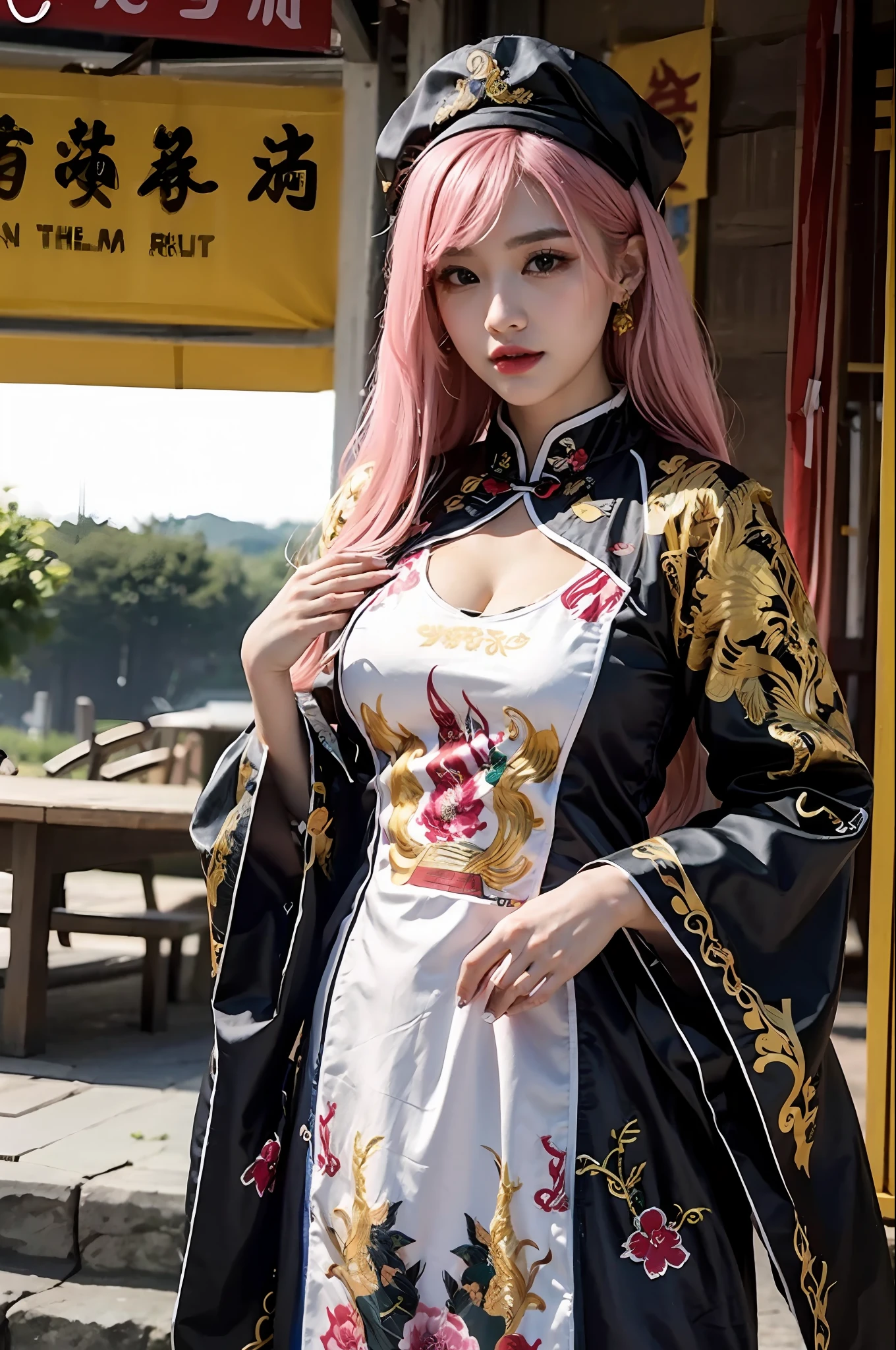 （（tmasterpiece）， （best qualtiy）， 超A high resolution， （RAW photogr：1.2）， （realisticlying：1.4）， Extraordinary details， dramatic  lighting， A high resolution， 8k， hoang lap， 独奏，
CNGirl_2，1girll，（（Pink hair）），closeup cleavage，Sexy cheongsam，Long legs，fanciful，incense，long whitr hair，looking at viewert，The expression is charming，