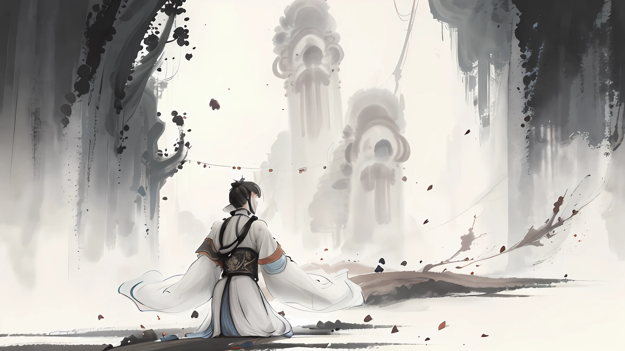 There is an ancient Chinese man in a white robe who meditates cross-legged，backs facing each other。，Surrounded by a spell aperture，Gossip background，Ink wind，A puddle of ink on the ground，Inspired by Seki Dosheng, ruan jia and joao ruas, inspired by Fu Baoshi, inspired by Wu Daozi, Inspired by Xiao Yuncong, Inspired by Cao Zhibai, inspired by Gong Xian, inspired by Lü Ji, inspired by Zhao Mengfu