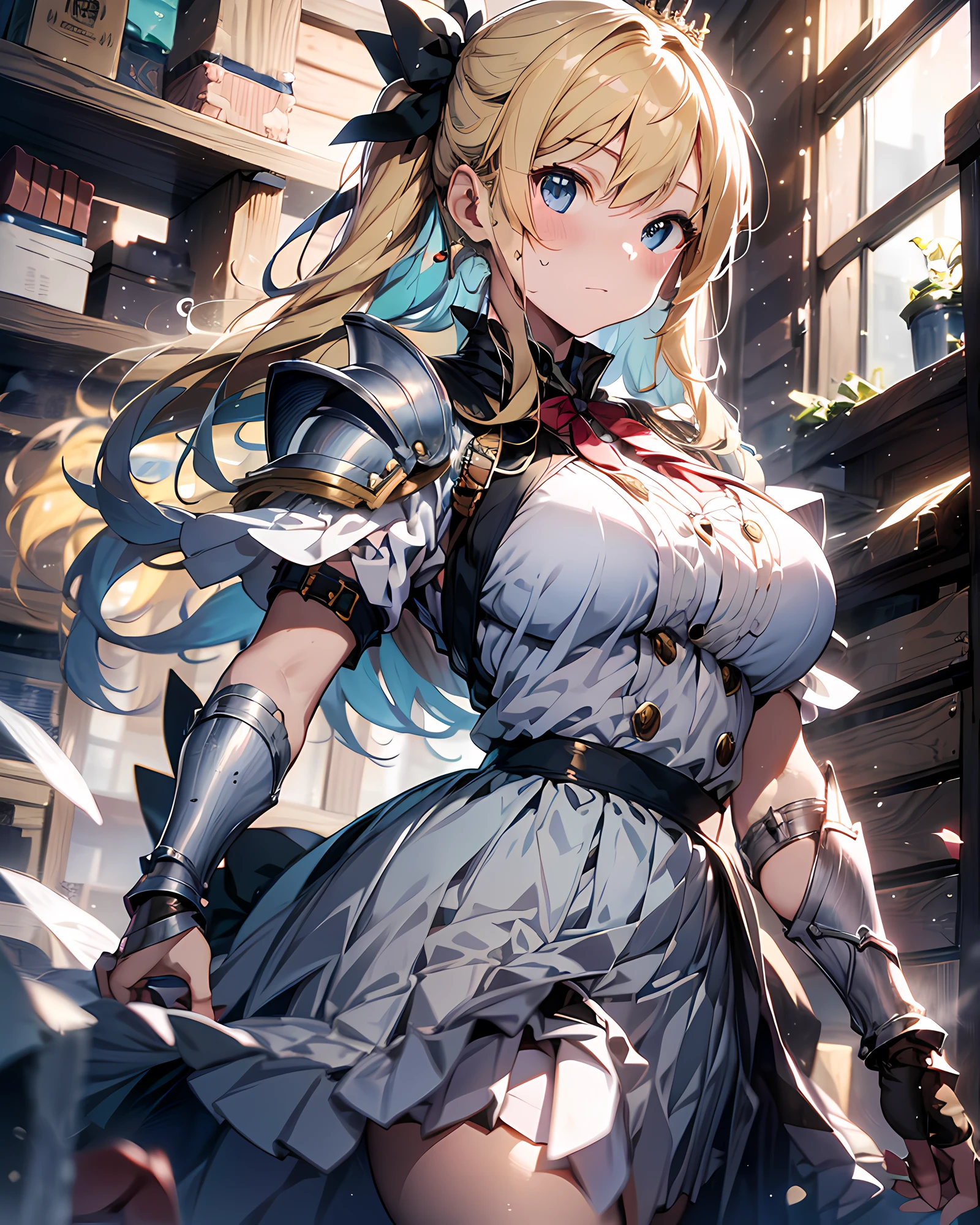 ((illustration of training blonde princess Knight at royal palace), Masterpiece, best quality, (absurdres)), ((highres)), (ultra-detailed:1.3), (cowboy shot:1.3), (1 girl:1.3), character focus, BREAK,  (wearing a white knight heavy armor with a pleats skirt:1.37), BREAK, (blonde hair:1.3, pony-tail hair with blue hair ribbon), (large breasts:1.37, disproportionate-breasted:1.27), slender, abs, clean face, detailed beautiful face, (beautiful anime waifu face:1.3), full-face blush, sweat, fog, steam, gorgeous royal palace at early morning background, (standing, open stance, random posing), serious emotion, detailed eyes, detailed arms, detailed hands, detailed figures, detailed body, sharp focus, centered image, looking straight viewer,