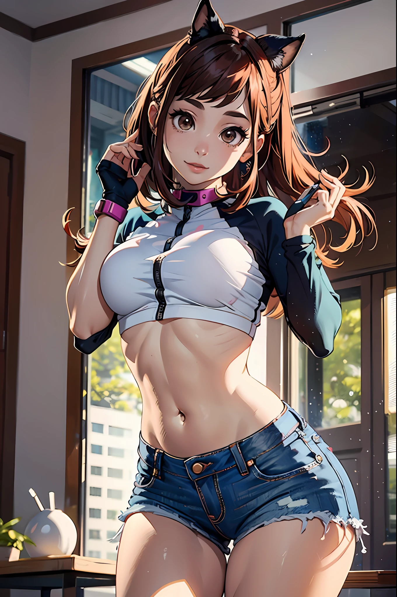 Ochaco Uraraka, sehr sinnlich, mit Funk-Girl-Klamotten, Brasilianer, Rio de Janeiro, Tanz-Funk, rollen, Großer Arsch, dicke Beine, trägt extrem kurze Jeansshorts, trägt eine Minibluse, Nabel mit Pirsing, Turnschuhe Nike, lange Haare, Lautsprecher hinten, Ganzkörper, sehr realistisch, extrem sexy, 8k, 8k extrem detailliert), (ein äußerst zartes und schönes), (erstes Werk), (Bessere Qualität: 1.0), (ultra highres:1.0)