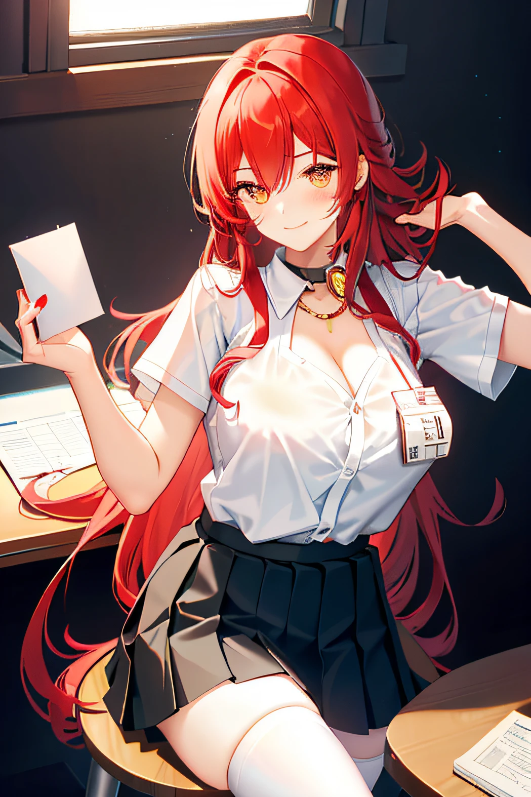 Himeko, 1girl, solo, ((white shirt)), black thighhighs, breasts, cleavage, uniform, office background, black skirt, ((pleated skirt)), office, hair between eyes, large breasts, long hair, looking at viewer, red hair, red short nails, golden eyes, solo, thighhighs, thighs, very long hair, ((masterpiece)), sitting, chair, desk, computer on desk, name tag, id tag, indoor, smile, ((blush)), shy, sexy pose,