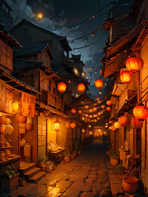 Village slum, oriental design, hanging lanterns, digital painting, concept art, illustration, intricate, ((tileset))
