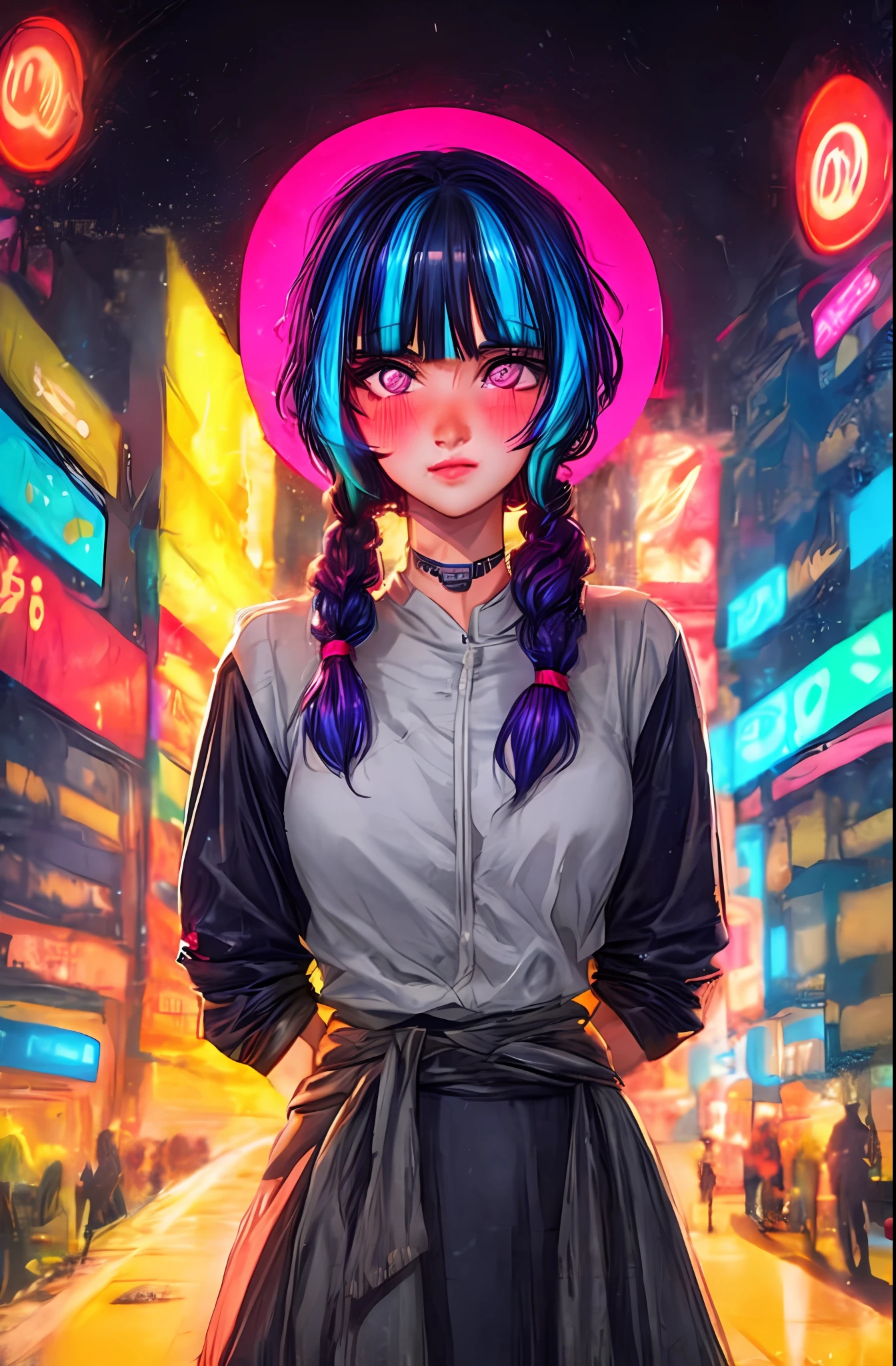 Anupama, 1girl,Creative hair,Rainbow Hair,City streets,fisheye,neon cold lighting, cyberpunk, blush, Waist Shot,Detailed face details,dynamic pose, rim lights,