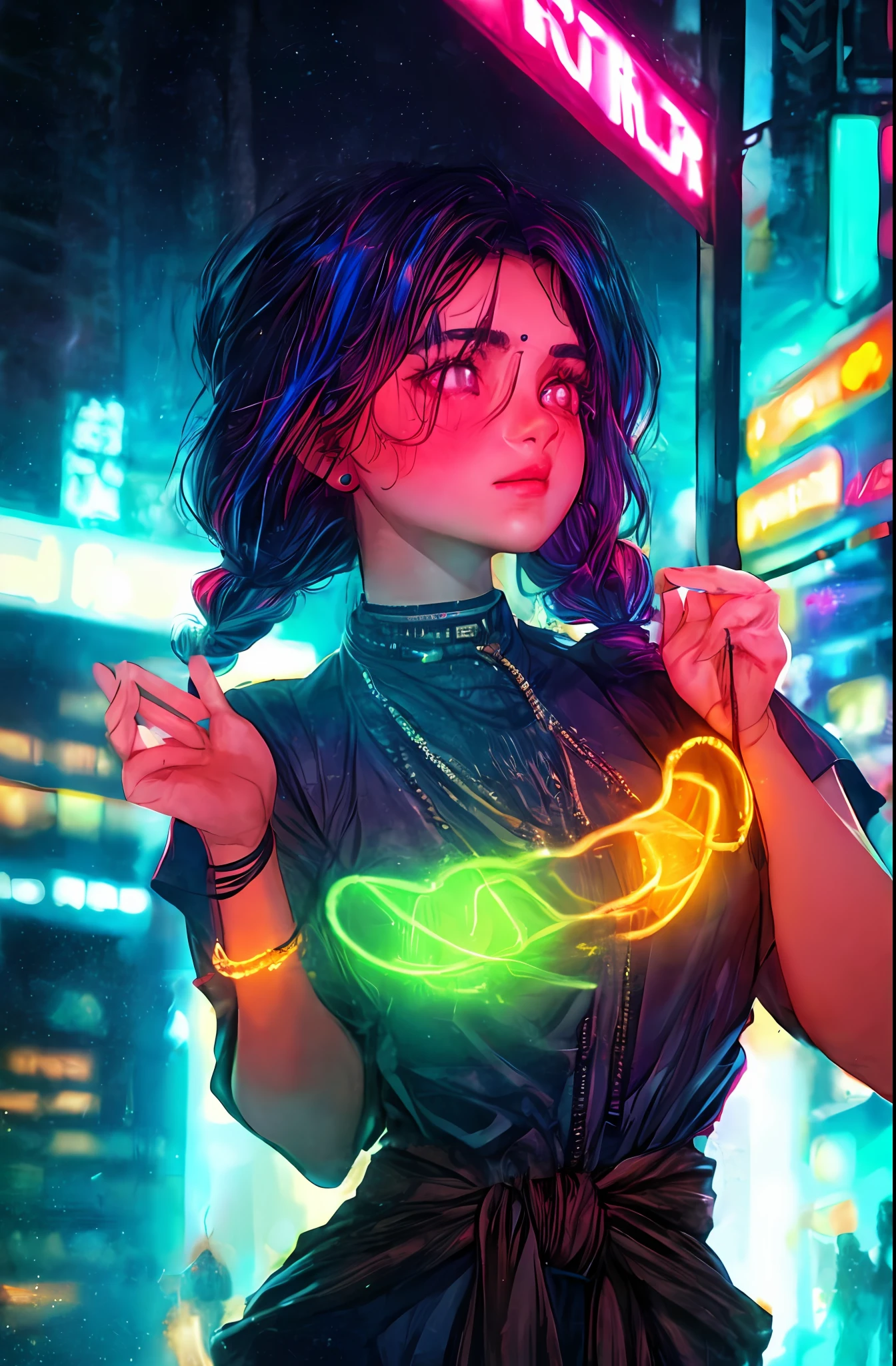 Anupama, 1girl,Creative hair,Rainbow Hair,City streets,fisheye,neon cold lighting, cyberpunk, blush, Waist Shot,Detailed face details,dynamic pose, rim lights,