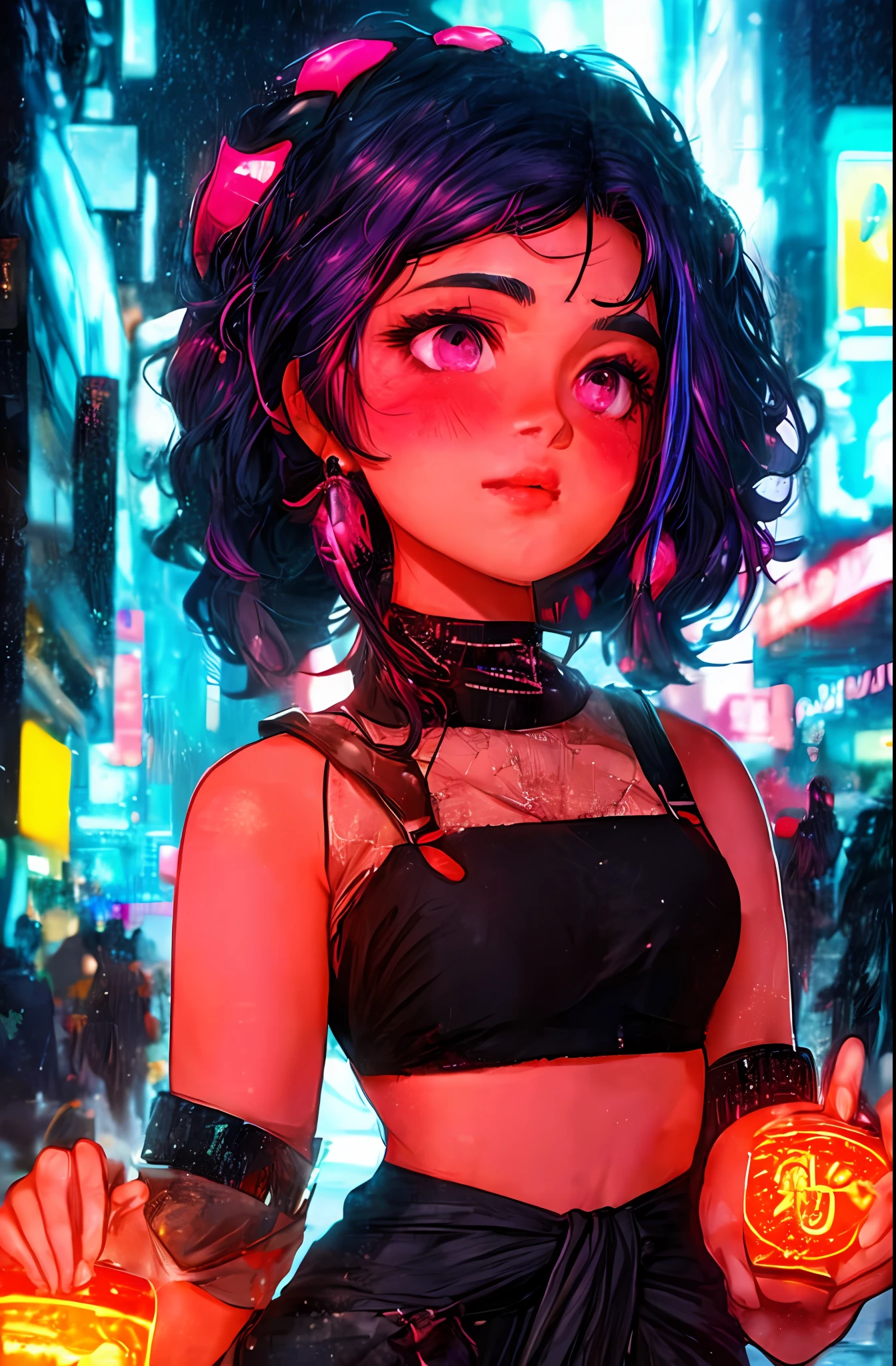 Anupama, 1girl,Creative hair,Rainbow Hair,City streets,fisheye,neon cold lighting, cyberpunk, blush, Waist Shot,Detailed face details,dynamic pose, rim lights,