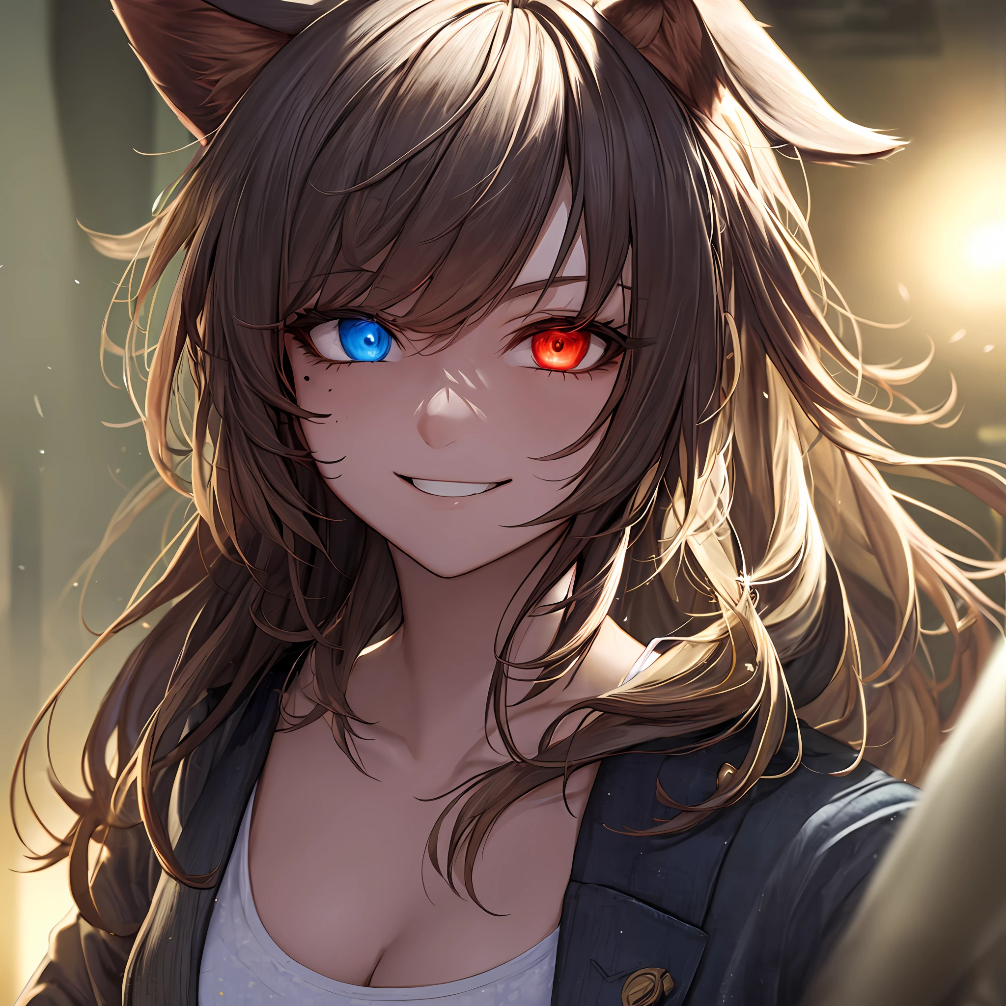 Messy hair, hair adornments, Moles under eyes, furrowed brows, Raised eyebrows, Heterochromia, Animal ears, Light smile, Anime style, Pointillism, god light, Glowing light, Cinematic lighting, 8K, Super detail, hyper HD, Masterpiece, Textured skin, Anatomically correct, Super detail, High details, High quality, Award-Awarded, Best quality, A high resolution --auto