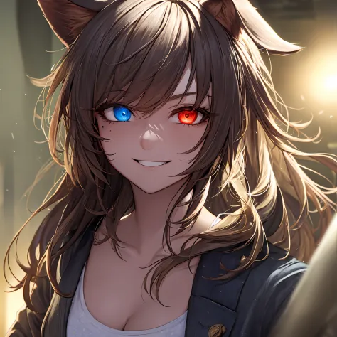 messy hair, hair adornments, moles under eyes, furrowed brows, raised eyebrows, heterochromia, animal ears, light smile, anime s...