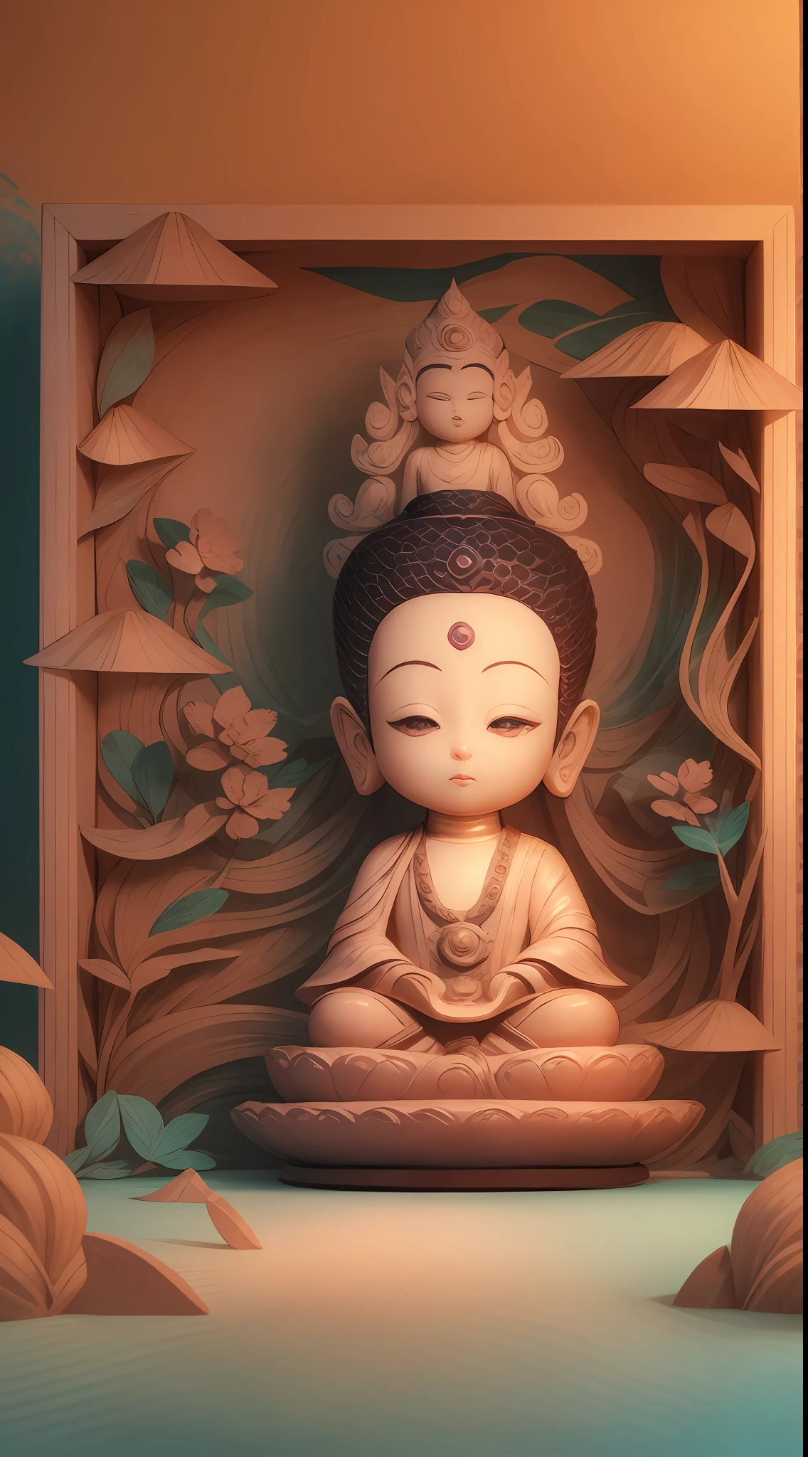 illustration: 1.3), paper art, 3D rendering of, Colorful background, （cute female child: 1.3), (Masterpiece Buddha statue: 1.2) ), Colorful, Best quality, Detailed details, Masterpiece, offcial art, movie light effect, 4K, Chiaroscuro , Flash