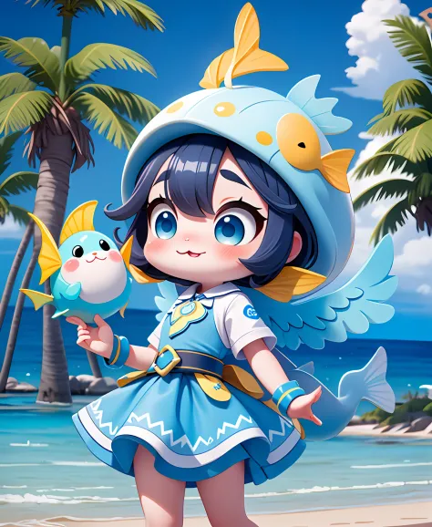 Guppy anthropomorphic fish, kawaii style, flared blue and yellow fin wings, wearing vivid blue beach top and vivid blue belted skirt with white-blue lace, Fallen watcher angel, Masterpiece, Best Quality