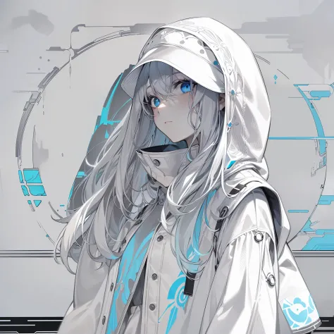 (best quality, masterpiece), Glitch screen filter, (1girl, solo, hood, expression face, standing, looking at viewer, cap, blue eyes, long straight hair, closed mouth, upper body,), (Monochrome, multicolored carved circle, white wall),