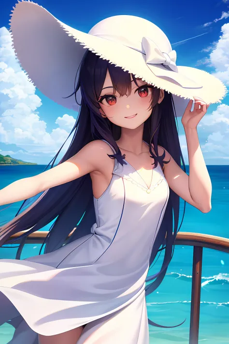 absurdres, 1girl, ocean, railing, white dress, sun hat, smile, (realistic:0.75), (waving:0.9),