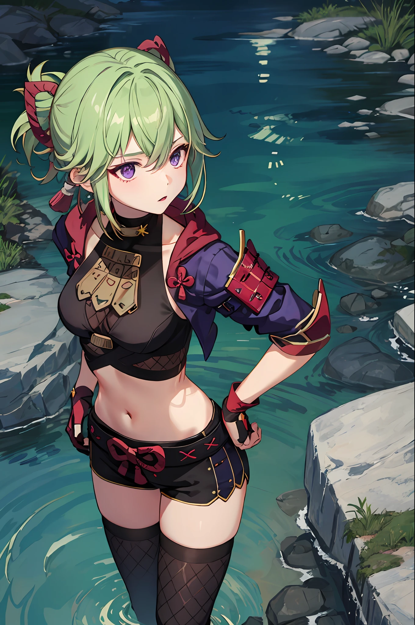 masterpiece, best quality, KShinobuV4, 1girl, solo, breasts, looking at viewer, thighhighs, gloves, navel, hair between eyes, standing, outdoors, standing on stone, sea, water, night, jacket, cowboy shot, from above, shorts, midriff, stomach, armor, crop top, hand on hip, short shorts, mask, black shorts, fishnets, rope, cropped jacket, mouth mask, purple jacket, fishnet top, ninja mask,