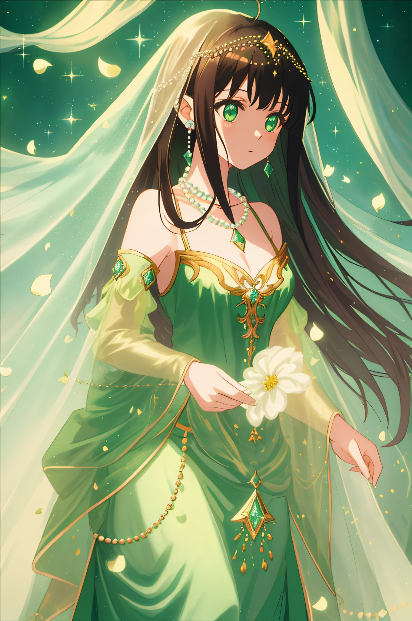 8K，best qualtiy，tmasterpiece，anime big breast，1girll，brunette color hair，The princess cuts the bangs，Coiled hairstyle，Gorgeous hair accessories，Floating yarn，Veil，a beauty girl，Slender figure，flatchest，耳Nipple Ring，pearls necklace，Stand up，Golden Princess dress，Normal attire，Not exposed，Normal hands，Light green velvet curtain background，Embellished with fantastic gemstones，diamond，As estrelas，petals，pearls，Dreamy atmosphere，Look sideways at the camera